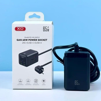 Універсальний Мережевий подовжувач на 2 розетки, 2×USB-C, 2×USB-A, XO WL24 GaN PD65W+30W (1.5 м)