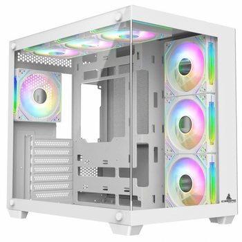 Корпус Qube Crystal argb, білий, Mini Tower, без бп, для microATX/mini-ITX, 1xUSB 3.2/2xUSB 2.0, макс. cpu - 160 мм/VGA - 320 мм, 5x120 мм rgb, бічна панель із загартованого скла (crystal_gwnu3)