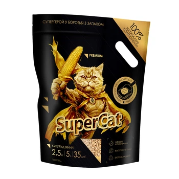 Наполнитель для кошек SuperCat Premium кукурузный комкующийся 5 л (2,5 кг) премиум серия гранула 3 мм натуральный экологичный поглощает запах можно смывать в унитаз Артикул 3536