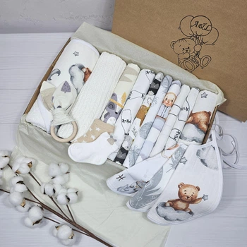 Набор для новорожденного: плед, полотенце, пеленки и грызунок a.l.babybox Теди на тучке