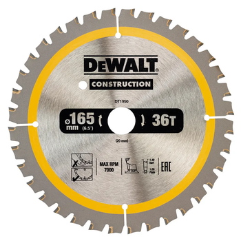 Диск пильный CONSTRUCTION DeWALT DT1950 : 165 х 20, 36Т, 7000об/мин, ширина распила 1.86мм, полотно 1 мм