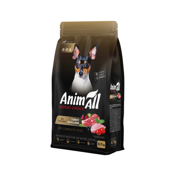 AnimAll Повнораціонний сухий корм для дорослих собак малих порід зі свіжою індичкою та ягням, 0,7 кг