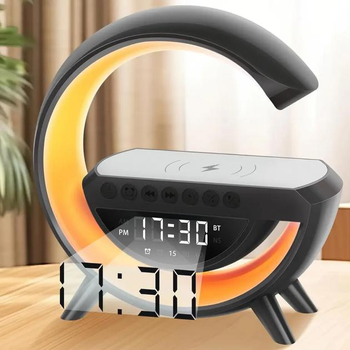Настольная RGB лампа с Bluetooth колонкой, будильником и беспроводной зарядкой 21*21*8см, светодиодная лампа-ночник NTB-341-Black