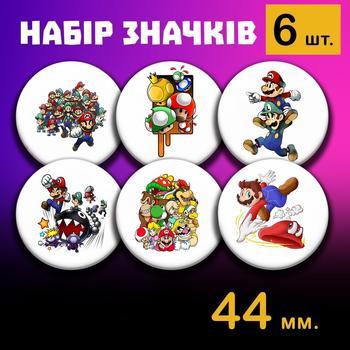 Значки Супер Марио Super Mario на булавке 44 мм набор 6шт
