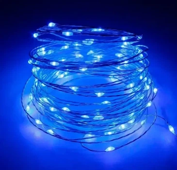 Гирлянда праздничная работает от батареек и USB-цвет синий 100 Led 10m на медной проволоке (Капля росы)