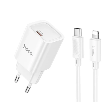 Мережевий зарядний пристрій з кабелем HOCO C148A Charm single port PD30W charger set (C to iP) (EU) White (6942007630313)