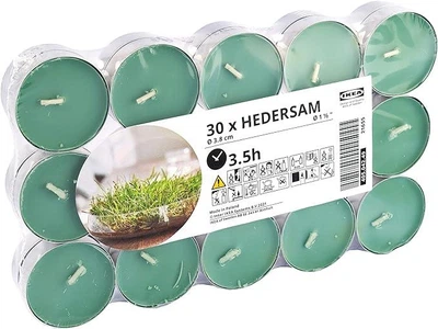 Ароматические свечи таблетки IKEA HEDERSAM Свежая трава 30 шт 3,5 часа горения чайные декоративные зелёные аромасвечи ИКЕА