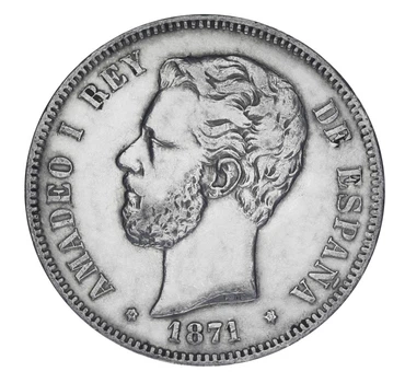 Монета Іспанія 5 песет 1871 Срібло F-VF Тимчасовий уряд (1869 - 1874) AMADEO I (Ag 900, 25 грам)
