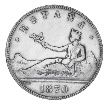 Монета Іспанія 5 песет 1870 Срібло F-VF Тимчасовий уряд (1869 - 1874) (Ag 900, 25 грам)