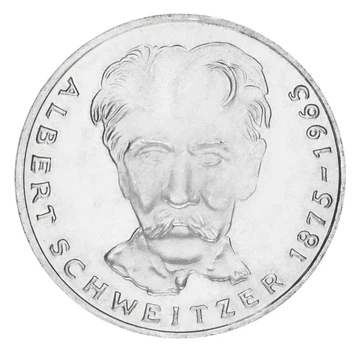 Монета Германия 5 марок 1975 Серебро F-VF 100 лет со дня рождения Альберта Швейцера (Ag 625, 11,2 грамм)