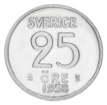 Монета Швеция 25 эре 1958 Серебро F-VF (Ag 400, 2,32 грамма)