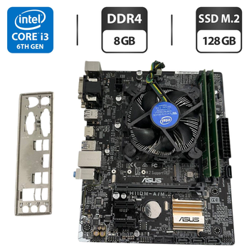 Комплект: материнская плата Asus H110M-A/M.2 / Intel Core i3-6100 (2 (4) ядра по 3.7 GHz) / 8 GB DDR4 / 128 GB SSD M.2 / Intel HD Graphics 530 / Socket LGA1151 / Кулер BOX б/у