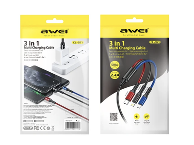 Шнур для моб. AWEI 3в1 Lightning Micro Type-C черный высокая скорость передачи данных быстрая зарядка