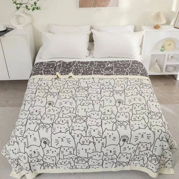 Муслиновый плед покрывало Cappone Кошачья компания хлопок 4 слоя 200×230 см, молочный