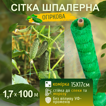Сетка Bradas шпалерная 1,7х100м зеленая 15х17см для защиты винограда огурцов кабачков цветочная натяжная