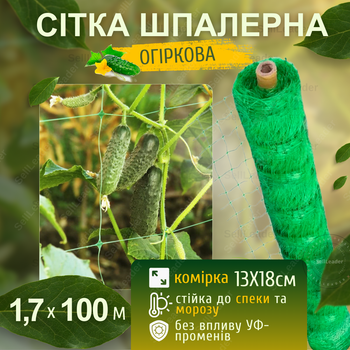 Сетка шпалерная Bradas 1,7х100м зеленая 13х18см защита огурцов кабачков выращивания винограда ограждения