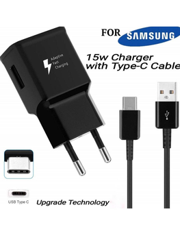 Швидка зарядка для Samsung Galaxy 15w. Fast Charging 15W Power Adapter EP-TA200. Комплект - зарядний пристрій + кабель type-C чорний