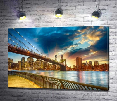 Картина Бруклинский мост (Brooklyn Bridge) ведет к многолюдному мегаполису 130x86 см Модуль №1 (002555)