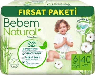 Экологические детские подгузники 6 очень большие 15+ кг Bebem Natural 6 Extra Large 15+kg, 40 шт