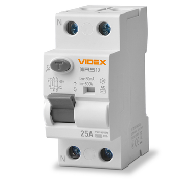 Диференційне реле VIDEX RESIST |2п, AC, 30мА, 10кА, 25А| (VF-RS10-DR2AC25)