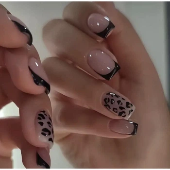 Накладні нігті Nail чорний френч, леопард, форма квадрат, середні, 24 шт