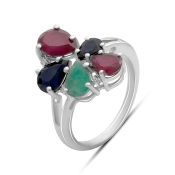 Срібна каблучка з натуральним сапфіром 1.917ct, смарагдом, рубіном, вага виробу 4,3 гр (2182405)