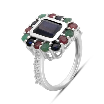 Срібна каблучка з натуральним сапфіром 1.917ct, смарагдом, рубіном, вага виробу 5,01 гр (2182382)