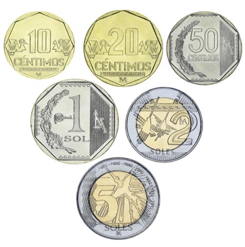 Набор монет Перу набор из 6 монет 2024 UNC 10, 20, 50, сентим, 1, 2, 5 солей