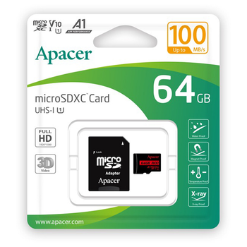 Карта пам'яті microSDXC (UHS-1) Apacer 64Gb class 10 V10 A1 R100MB/s (adapter SD) (AP64GMCSX10UB-R)
