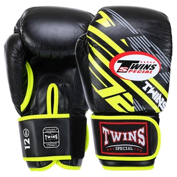 Рукавички шкіряні боксерські Twins Special 5058 на липучці розмір 12 унцій Black-Yellow