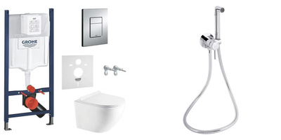Инсталляция Grohe с безободковым круглым унитазом Koller Pool Round Slim Tornado и хромированным гигиеническим душем 6в1 (GKRSTQCRM)