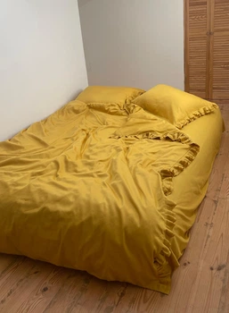 Комплект постільної білизни Cozy з рюшами медовий Односпальний 140*200 см, простирадло 90*200*20 на резинці