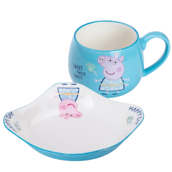 Набір дитячого посуду Yiwu Peppa Pig керамічна тарілка глибока 350 мл велика чашка для чаю 400 мл свинка пеппа Блакитний
