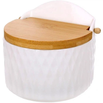 Цукорниця (сільниця) порцелянова Ceram Bamboo 12х11см з відкидною дерев'яною кришкою (249289)