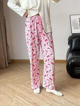 Пижаные штаны с принтом Hello Kitty, розовые, тонкие, летние, one size (10498)