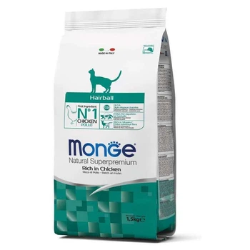 Сухий корм Monge Hairball Rich in Chicken з куркою для виведення грудочок шерсті для кішок 1,5 кг