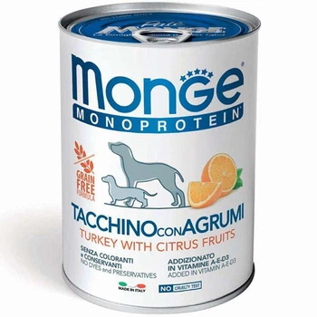 Вологий корм Monge Dog Monoprotein Fruit Turkey with Citrus паштет с индейкой и цитрусовыми для собак 400г