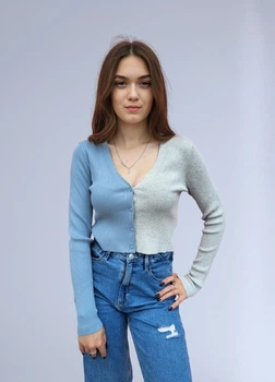 Жіночий кардиган укорочений в рубчик Tally Weijl Сірий з блакитним 13119 S (42-44)