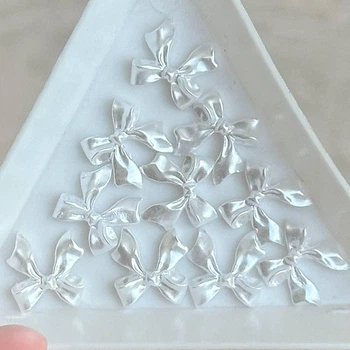 Шарм для декора ногтей Бантики белые с ленточками Pearl White (10 штук)