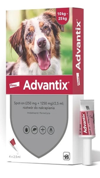 Краплі від кліщів та бліх Elanco (Bayer) Advantix для собак набір 4 x 2.5 мл (10-25 кг) (5909997024219)