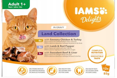 Opakowanie mokrej karmy dla kotów Iams Delights Land Collection Adult Mięsne smaki w sosie 12 x 85 g (8710255100418)