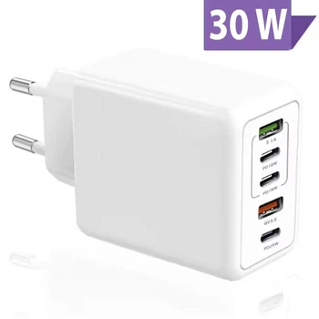 Сетевое Зарядное Устройство 30W Быстрая Зарядка Блок Блочок USB-A 3.1A, USB Type-C PD 18W 2xUSB, USB-A QC 3.0 + Type-C PD Белый