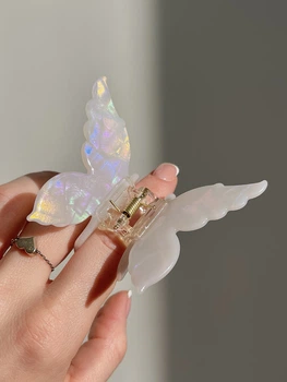 Заколка-крабик для волос Fashion Jewerly "Бабочка" зажим из ацетата, цвет бело-прозрачный градиент (1 тип)