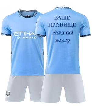 Форма футбольна дитяча з індивідуальним нанесенням Manchester City (Манчестер Сіті), сезон 24/25, 20 розмір, ріст 115-120 см, синє-блакитна