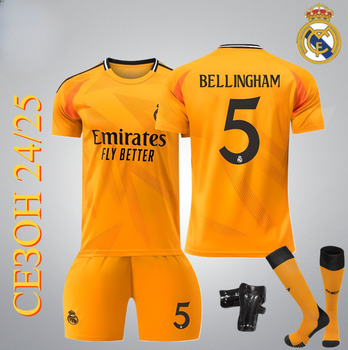 Футбольна форма Real Madrid BELLINGHAM (Реал Мадрид Белінгем), сезон 24/25 з гетрами (розмір 34-38) та щитками, розмір 22 на зріст 125-130 см, помаранчева