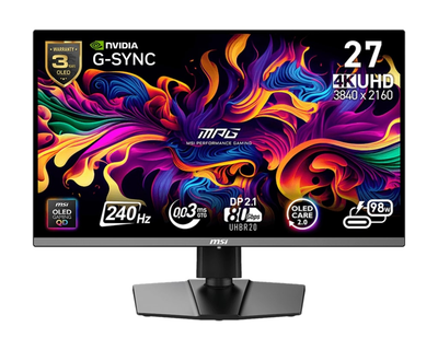 MSI Монітор 26.5" MPG 272URX QD-OLED 2xHDMI, DP, 2xUSB, USB-C, Audio, OLED, 3840x2160, 240Hz, 0.03ms, DCI-P3 99%, AdaptiveSync, Pivot, HDR400