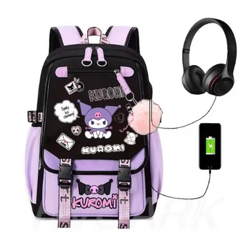 Шкільний підлітковий рюкзак з помпоном та USB кабелем KUROMI Purple для дівчинки в японському стилі