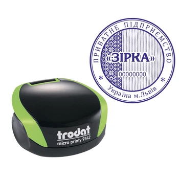 Печать ТОВ на карманной оснастке TRODAT Micro Printy 9342 диаметром 42 мм Зелёный (ТОВ1/9342/G)