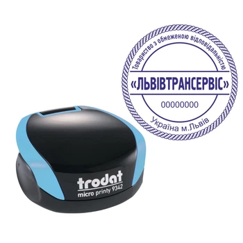 Печать ТОВ на карманной оснастке TRODAT Micro Printy 9342 диаметром 42 мм Бирюзовый (ТОВ3/9342/BZ)