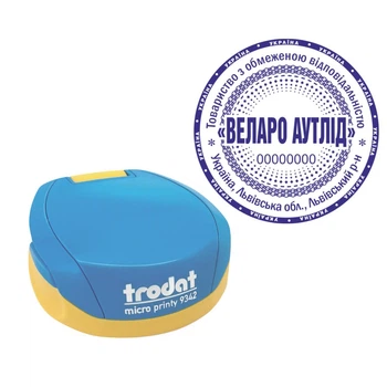 Печать ТОВ на карманной оснастке TRODAT Micro Printy 9342 диаметром 42 мм Сине-жёлтый (ТОВ15/9342/BY)